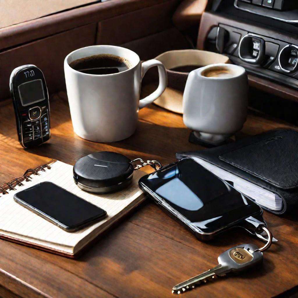 На деревянной поверхности лежат ключи от машины, телефон, блокнот, ручки, монеты, чашка кофе и зарядное устройство Т-1021.