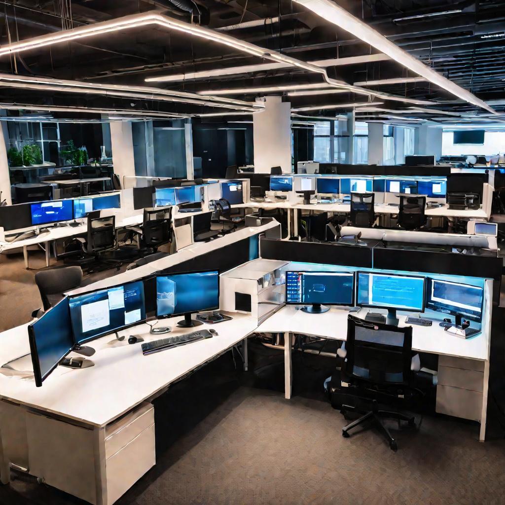 Современный офис с компьютерами, освещением и мебелью