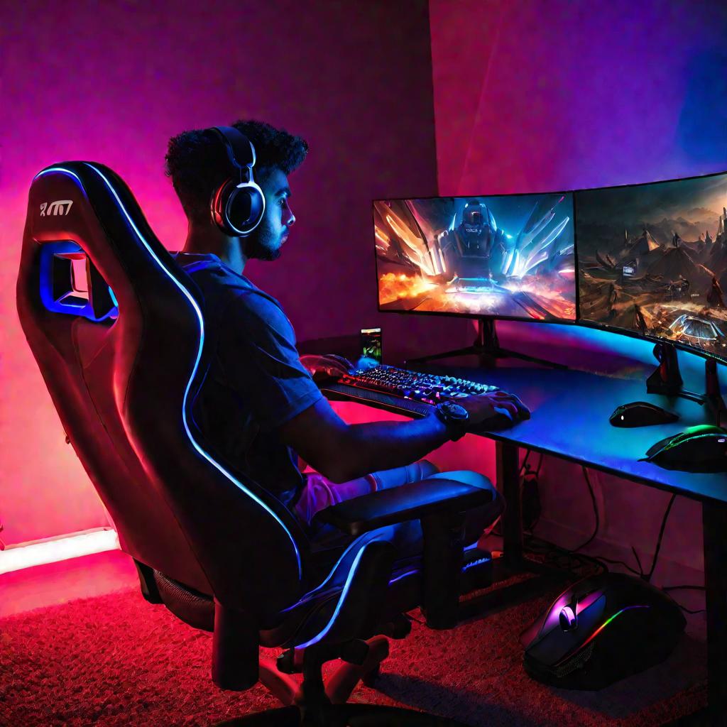 Спокойный, сосредоточенный геймер сидит в игровом кресле, тренируясь к киберспортивным мероприятиям MLG в своей комнате с мягким теплым освещением. Детализированная реалистичная сцена, демонстрирующая игровой ПК высшего класса, механическую RGB-клавиатуру