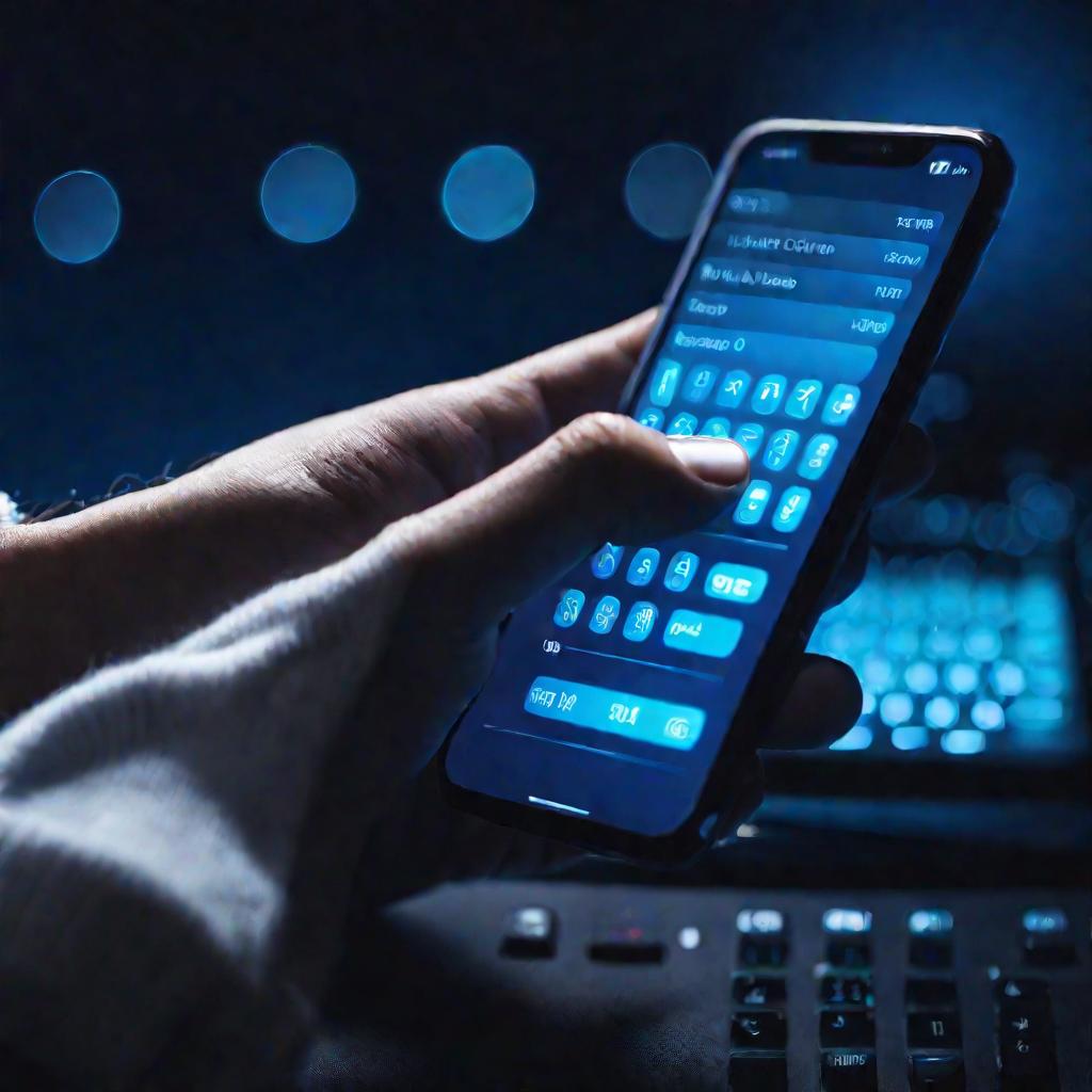 Пальцы печатают СМС на смартфоне с подключенным пакетом МТС