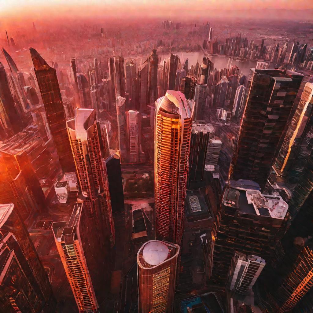 Закат над небоскребами современного города