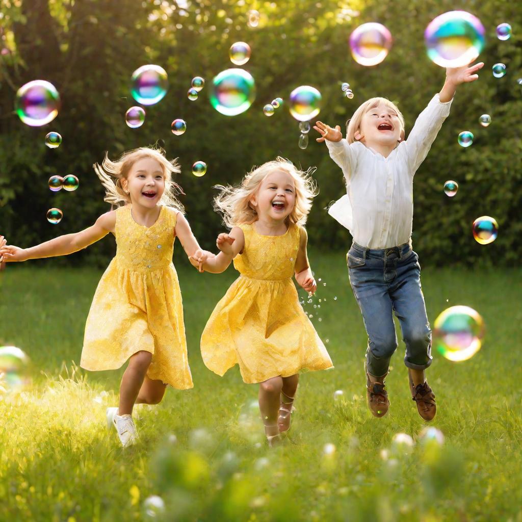 Солнечная весенняя поляна с играющими детьми, ловящими пузыри с буквами и звуками, девочка в желтом платье прыгает, чтобы лопнуть пузырь с буквой П, а мальчик с пузырьковой палочкой гоняется за пузырем со звуком О