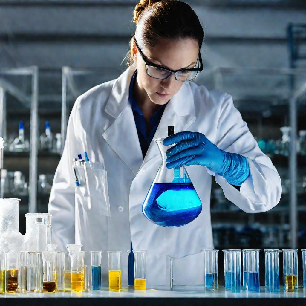Ученый в халате наливает синюю жидкость в колбу