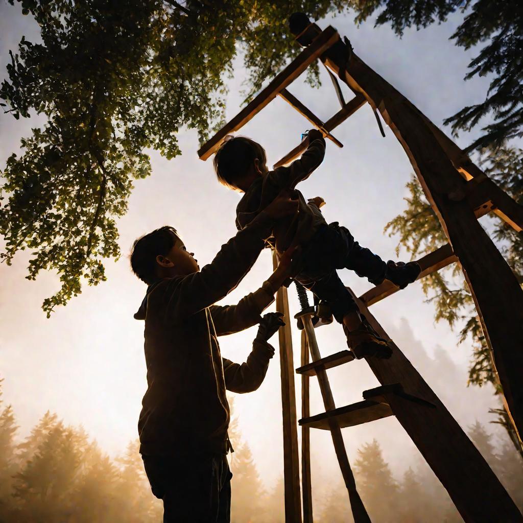 Отец строит домик на дереве с сыном