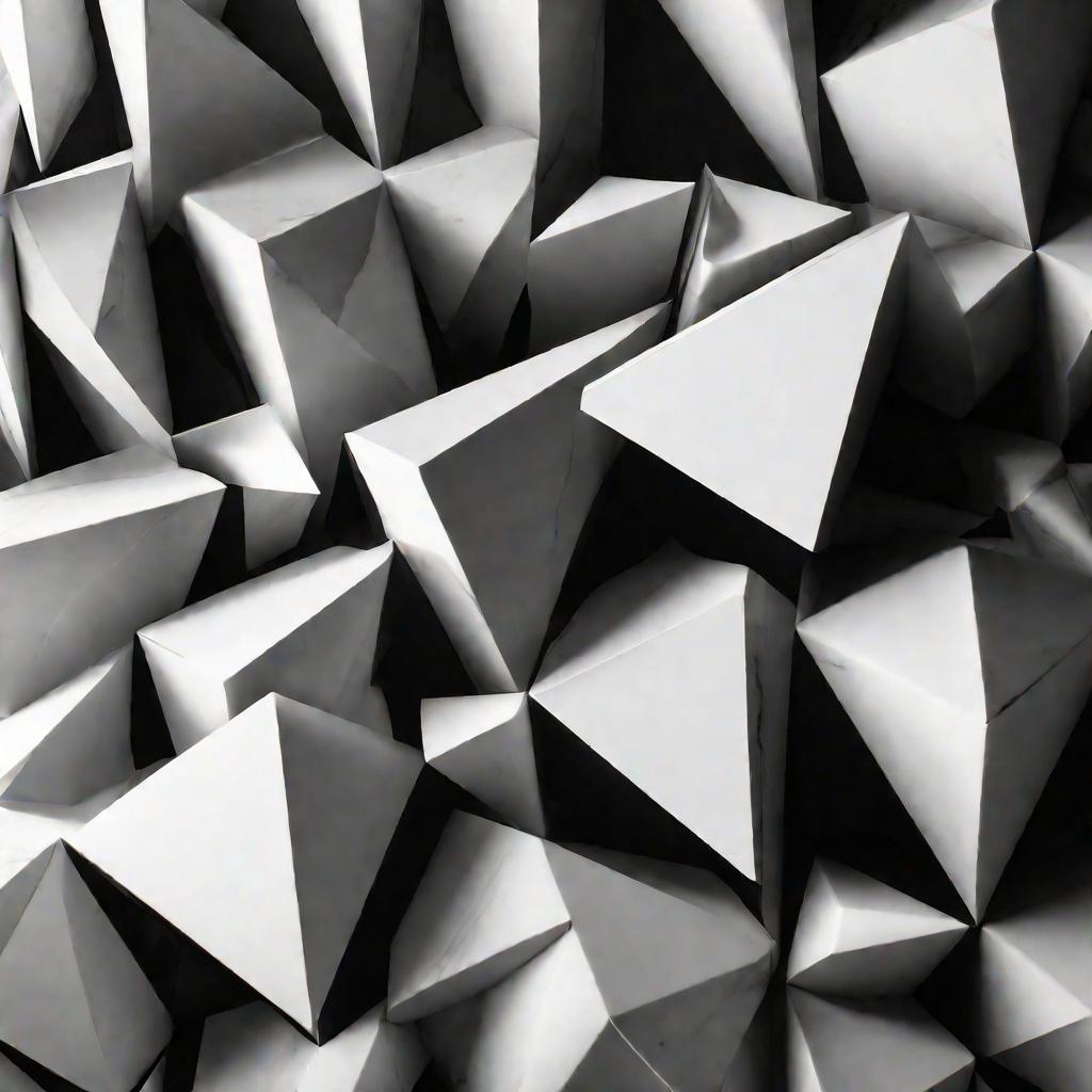 Черно-белый снимок с очень близкого расстояния текстурированной геометрической фигуры из мрамора со видимыми отдельными частями, соединенными под острыми углами, вид сбоку, контрастное студийное освещение.
