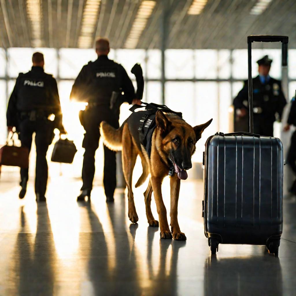 Служебная собака ищет взрывчатку в аэропорту