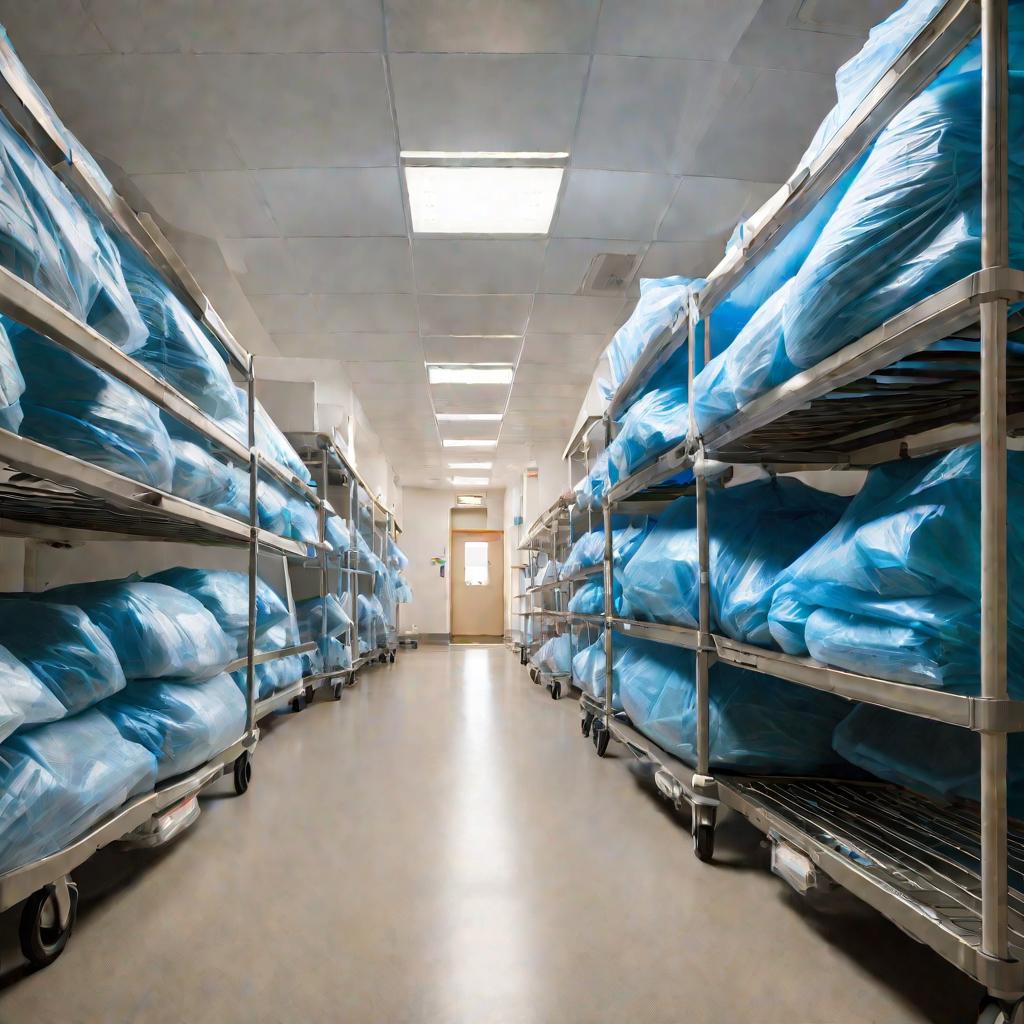 Широкий кадр больничного коридора в солнечный день: рабочие везут стеллажи, полностью загруженные аккуратно упакованными стерильными хирургическими халатами, простынями и инструментами из кладовой