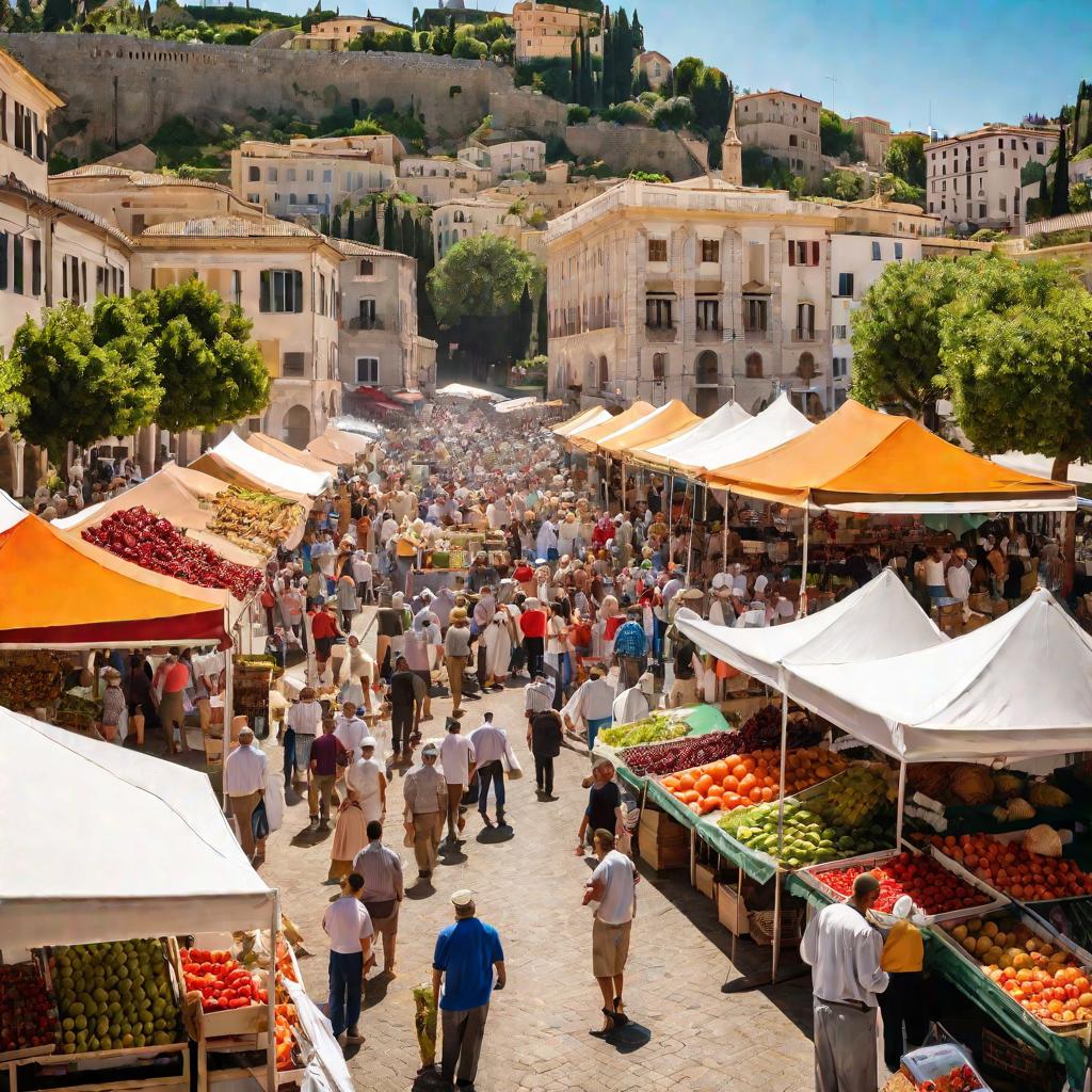 Летний рынок под белыми навесами, много людей покупают фрукты, овощи, специи, сувениры на прилавках