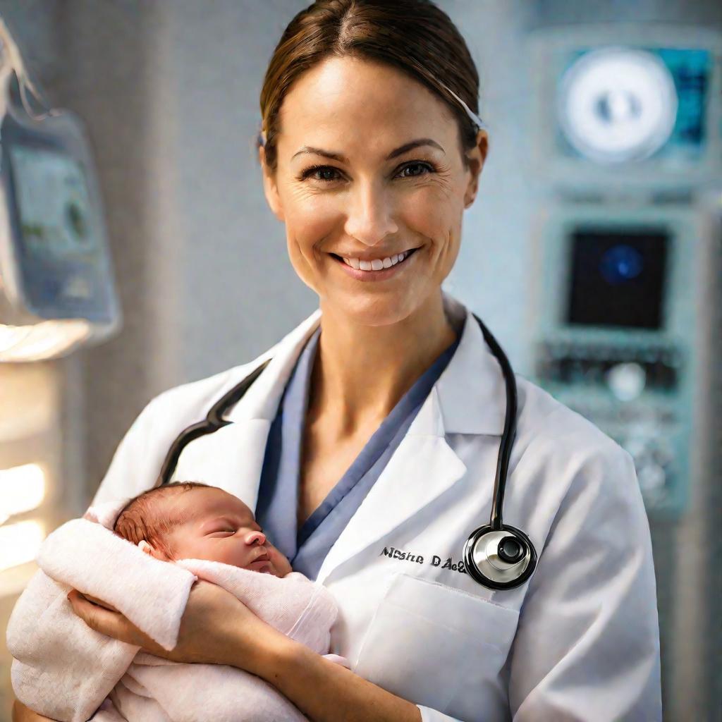 Женщина-врач держит новорожденного ребенка и улыбается