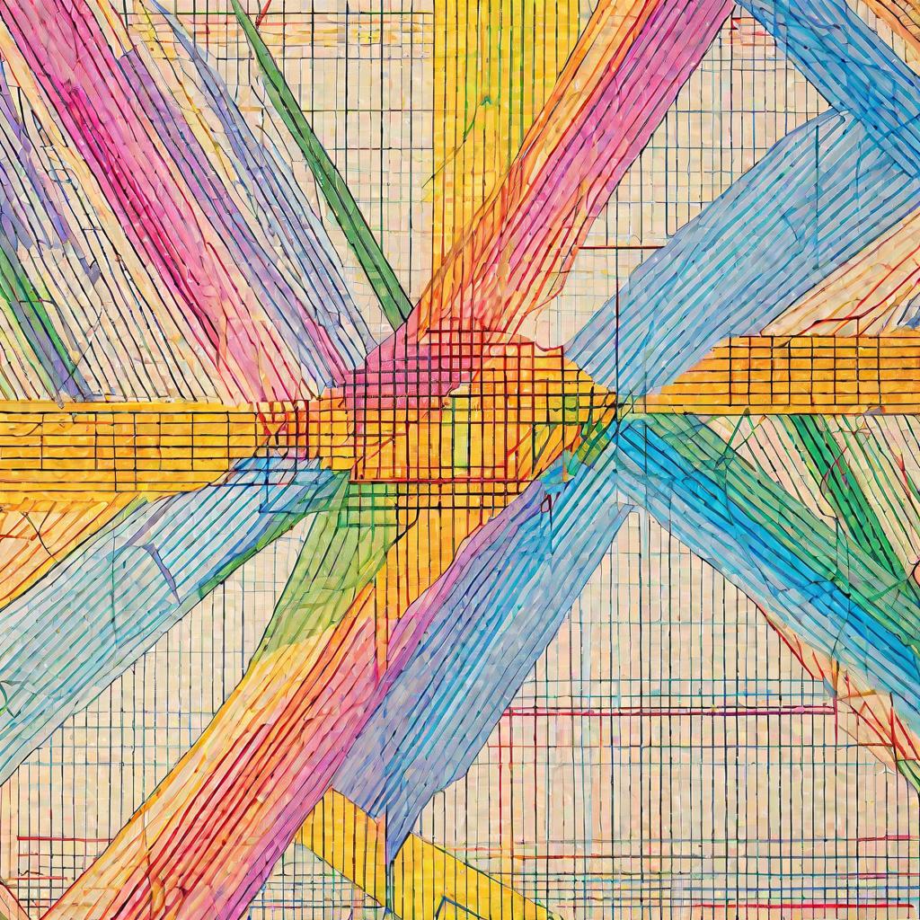 Яркий вид сверху на разноцветные линии и углы на миллиметровке, изображающие параллельные прямые и секущую