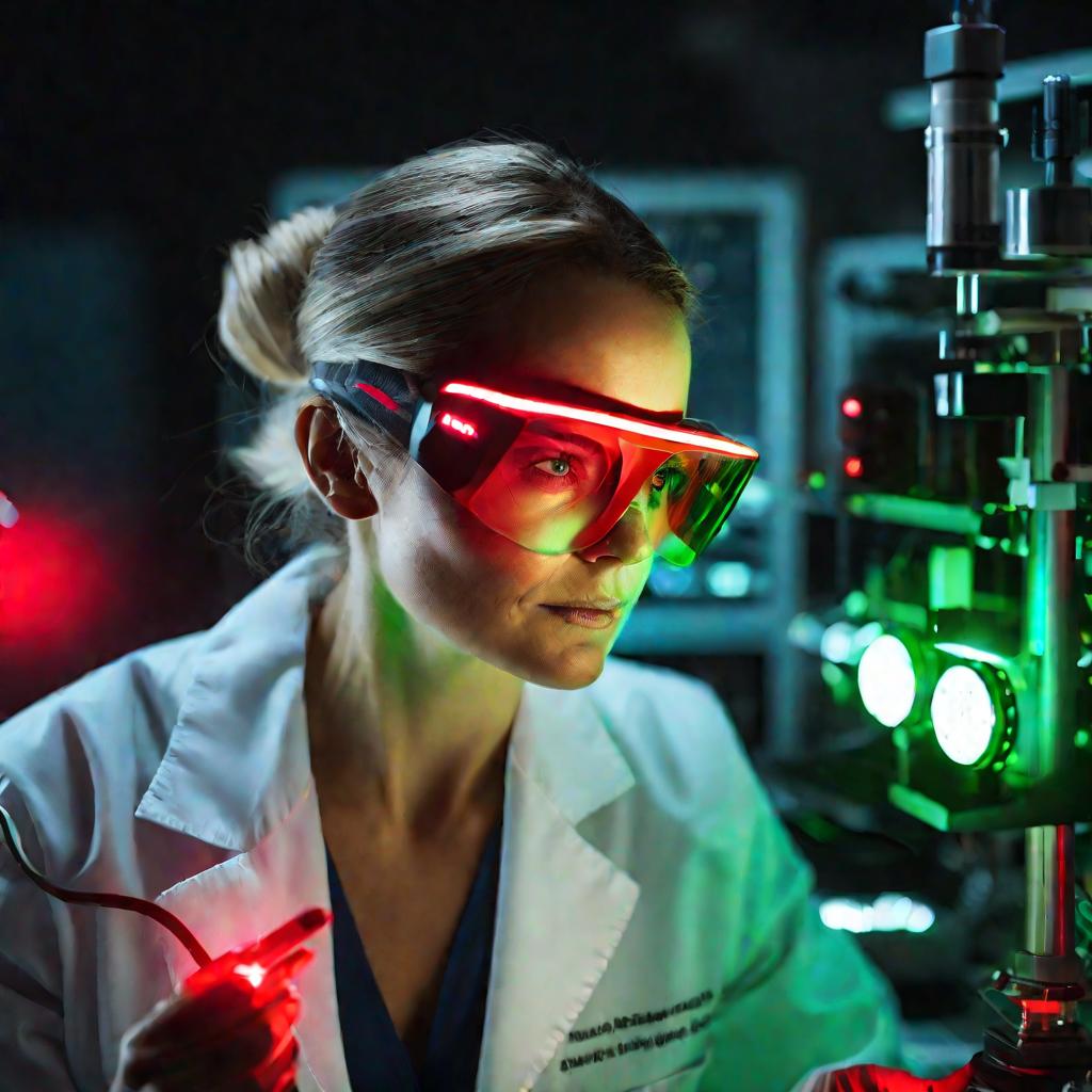 Ученый в лаборатории изучает пересекающиеся лазерные лучи