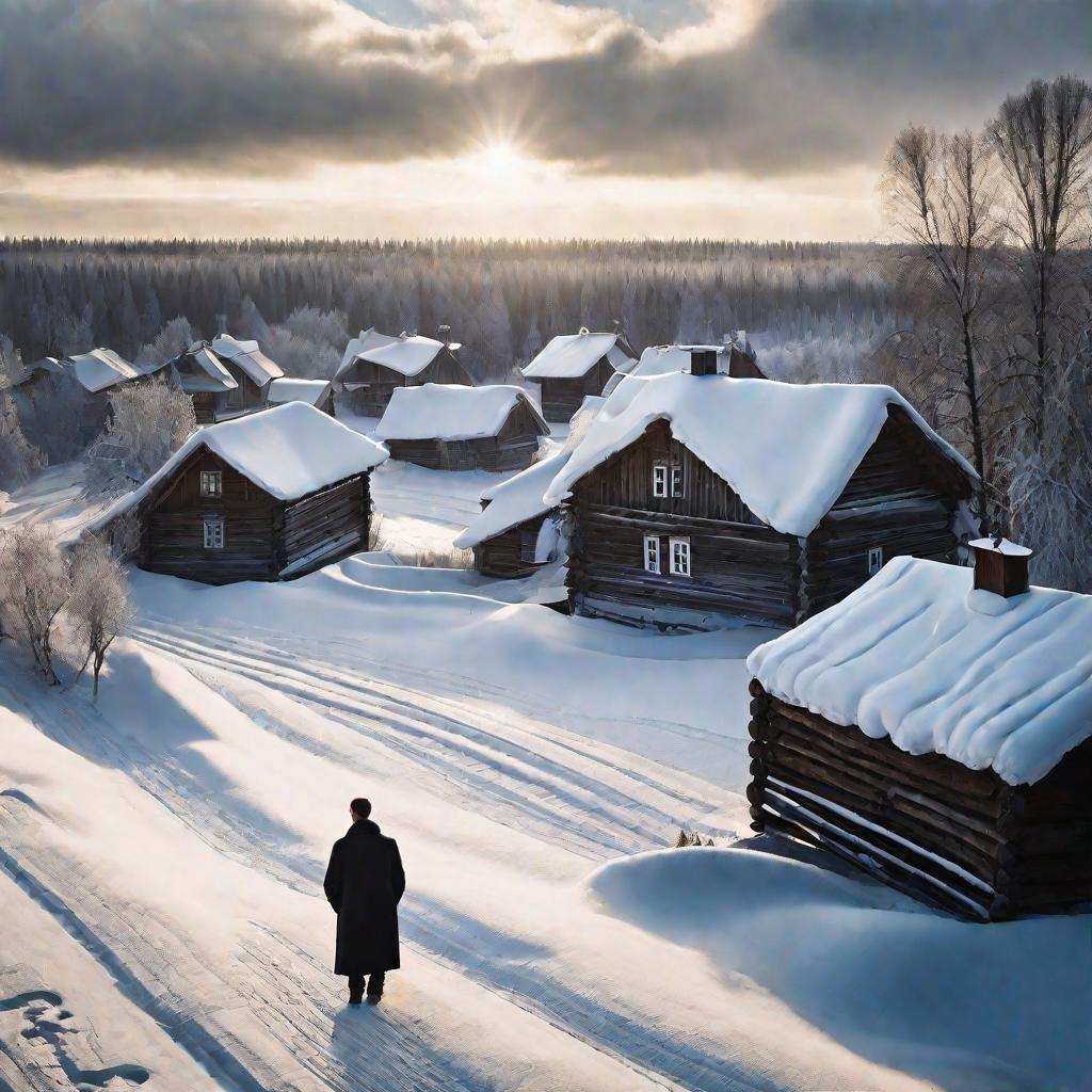 Зимняя русская деревня, молодой человек идет по дороге