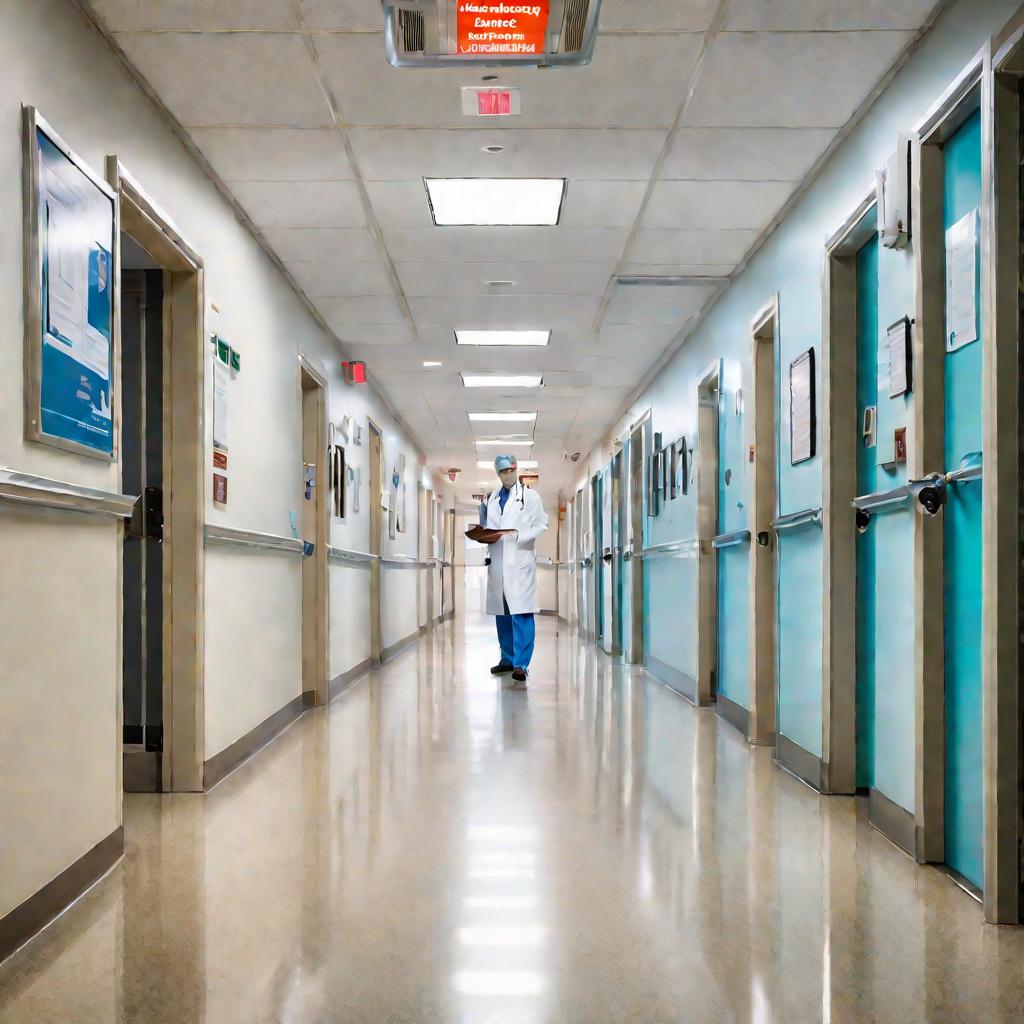 Поликлиника, доктор спешит по коридору на прием к пациенту