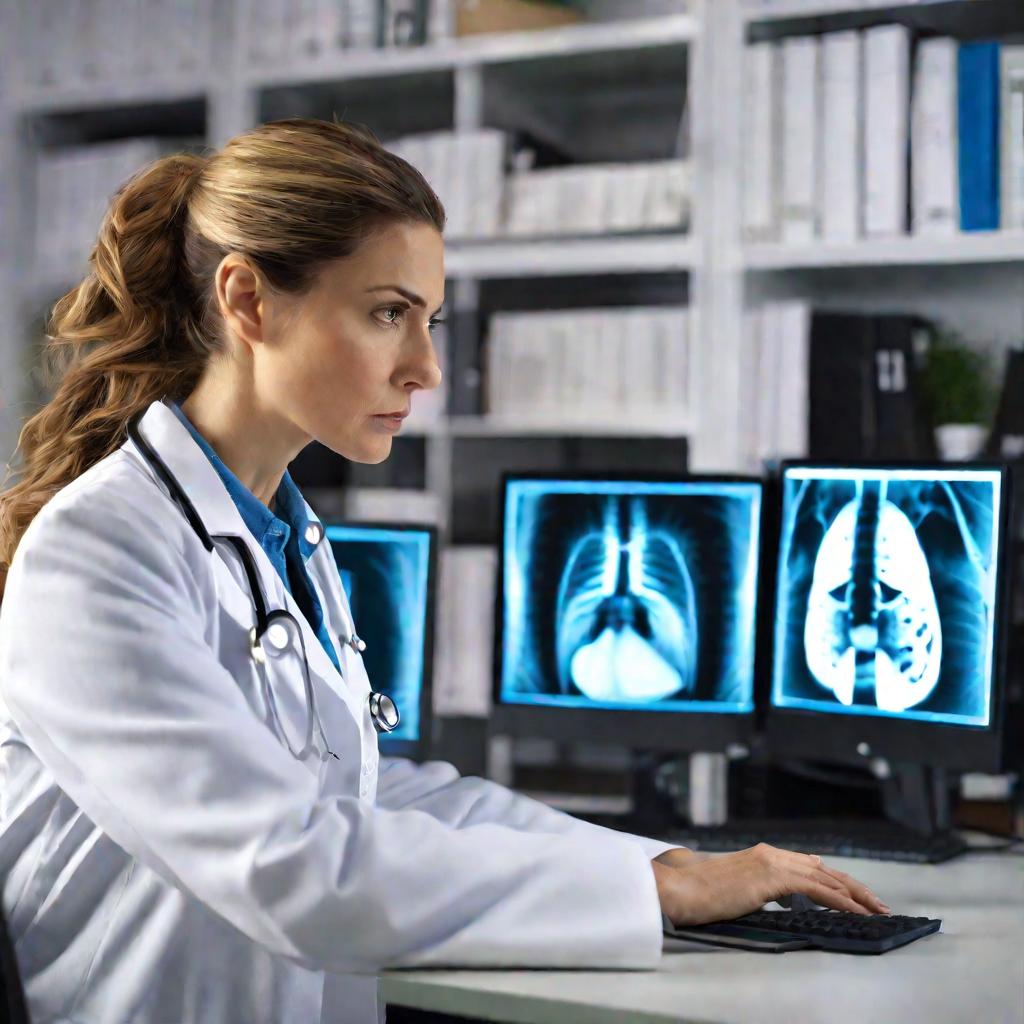 Женщина-врач в белом халате изучает рентгеновский снимок на экране компьютера.