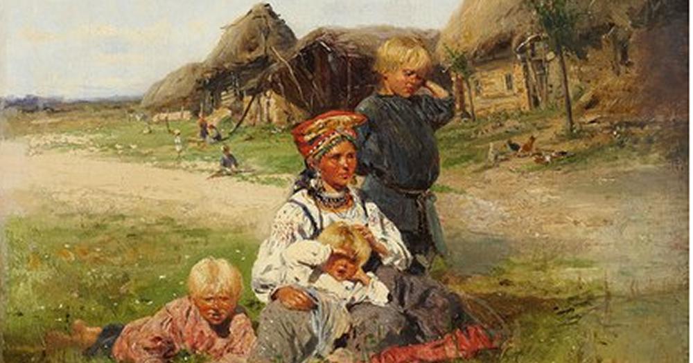 Картина крестьянка кормит щенка